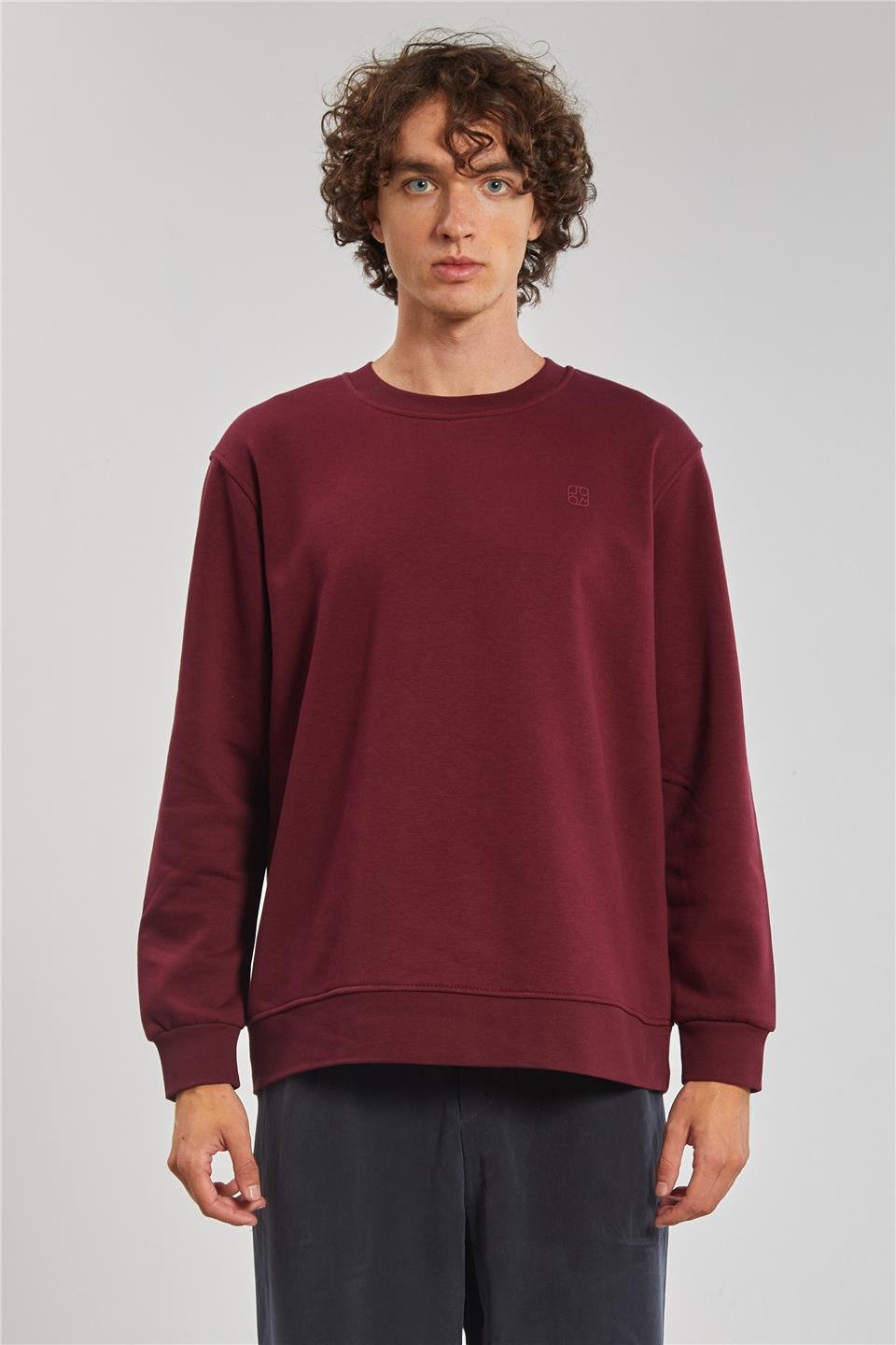 Bisiklet Yaka Logolu Erkek Sweatshirt - Bordo