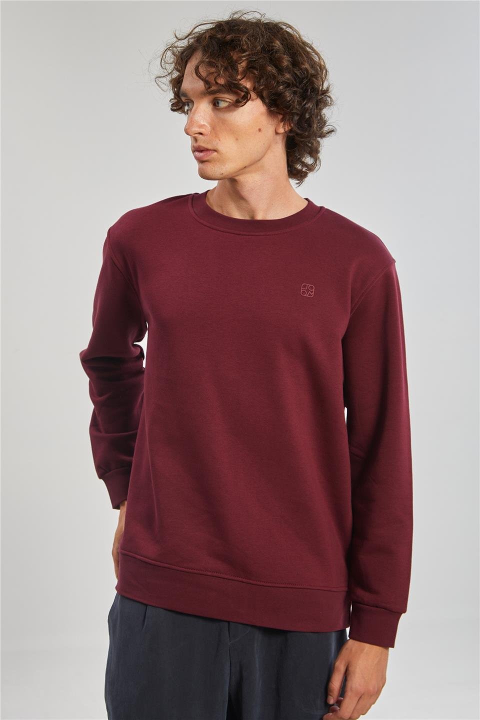 Bisiklet Yaka Logolu Erkek Sweatshirt - Bordo