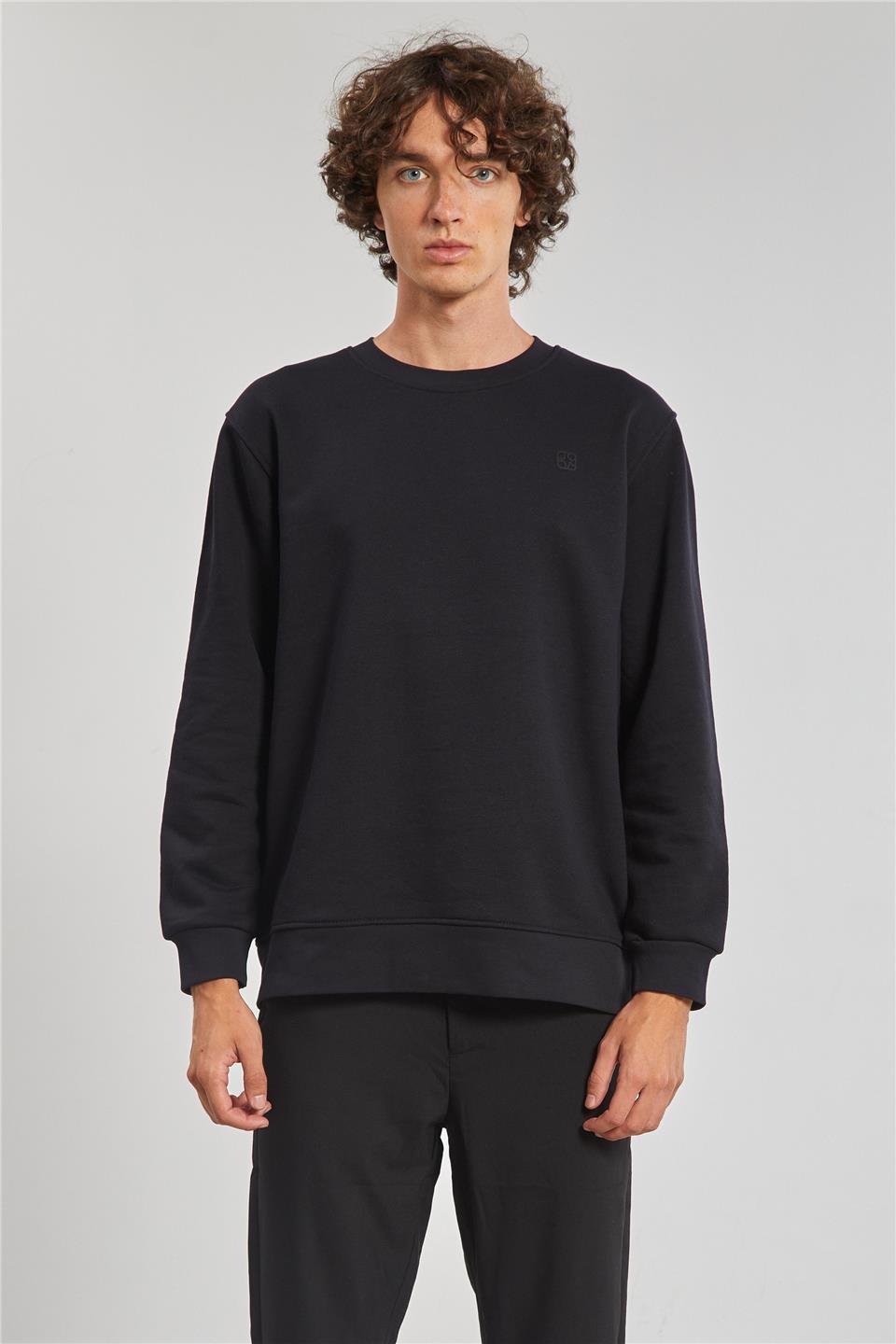 Bisiklet Yaka Logolu Erkek Sweatshirt - Siyah