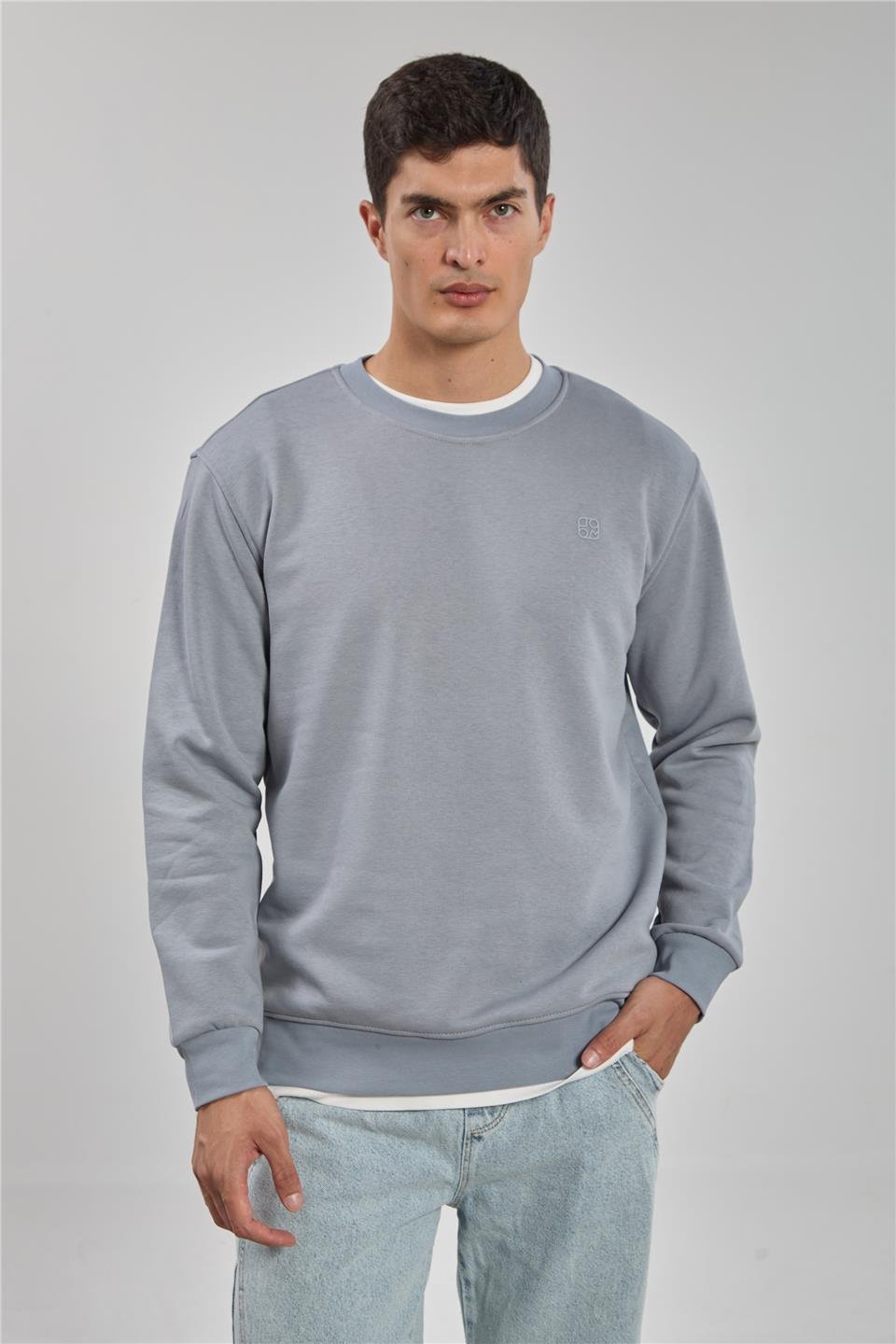 Bisiklet yaka logolu sweatshirt-1101 Açık Gri