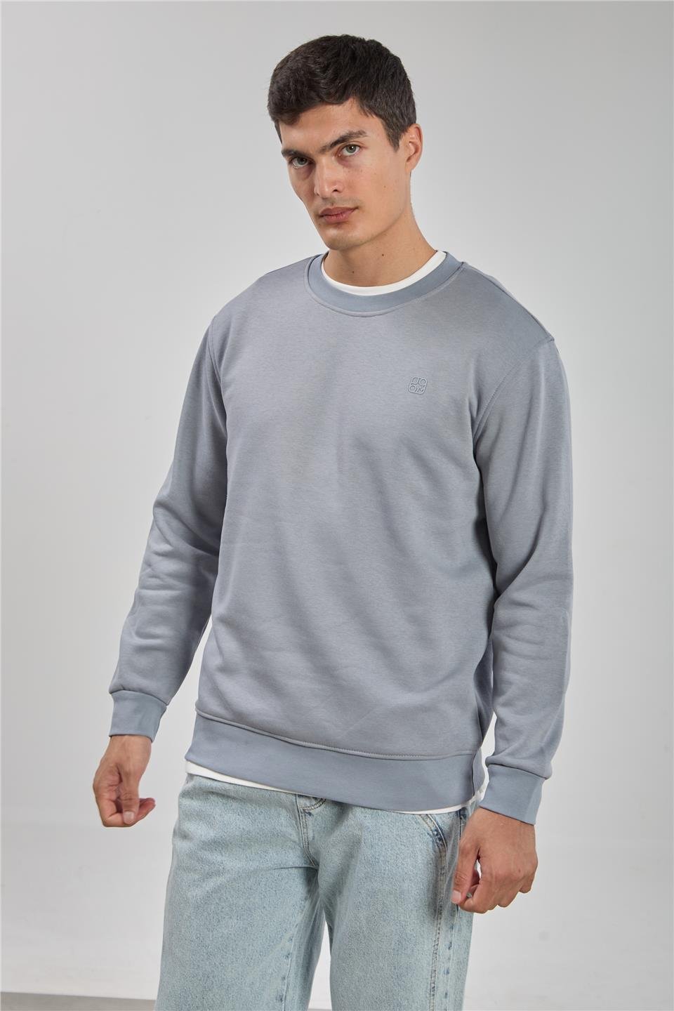 Bisiklet yaka logolu sweatshirt-1101 Açık Gri