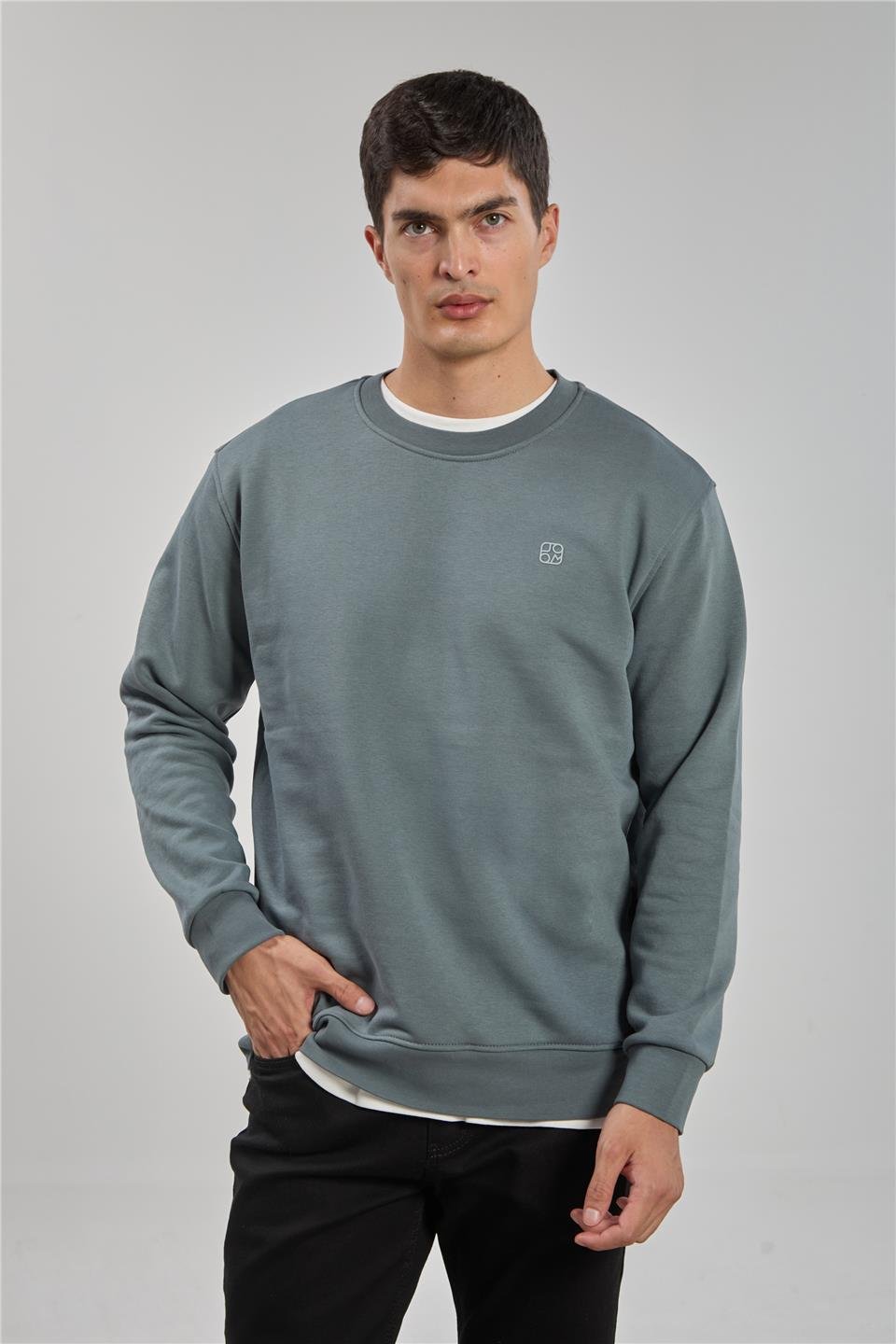 Bisiklet yaka logolu sweatshirt-1101 A.Haki