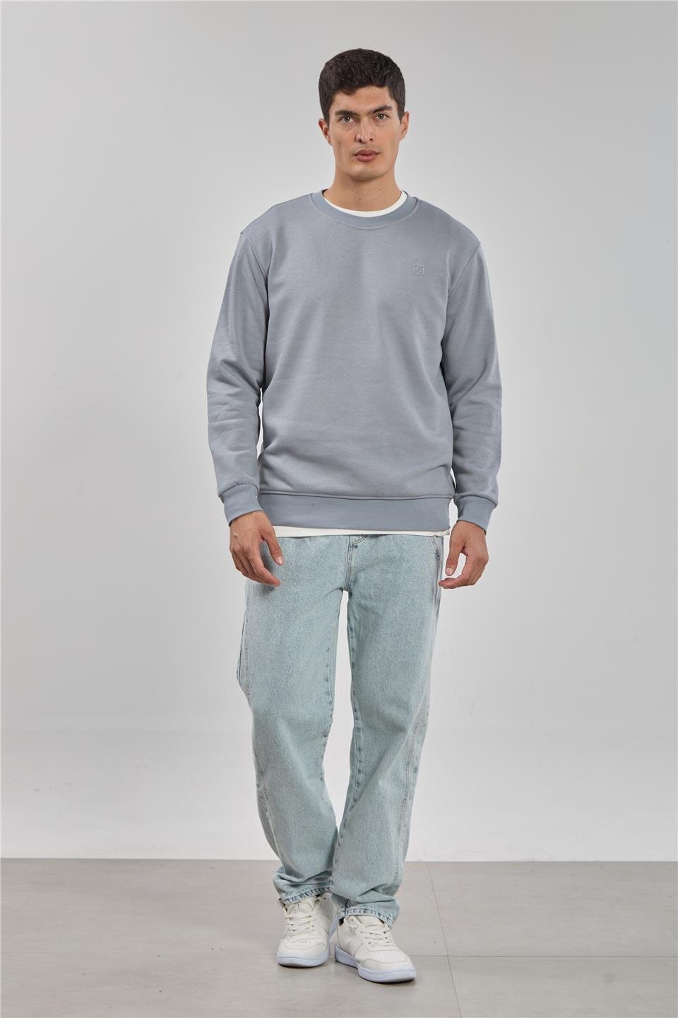 Bisiklet yaka logolu sweatshirt-1101 Açık Gri