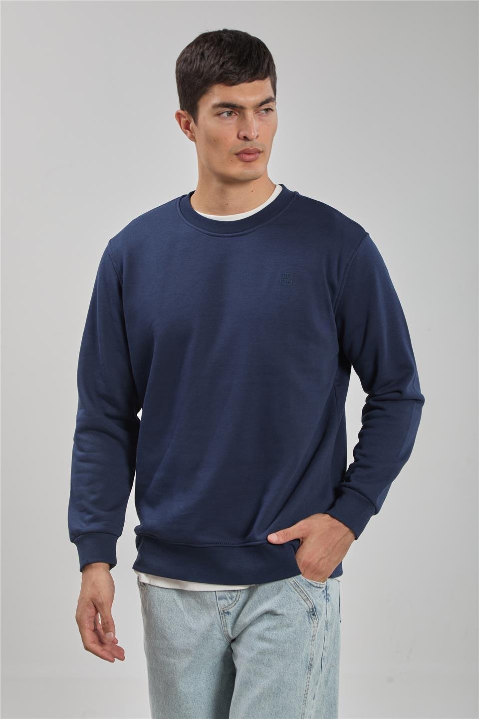 Bisiklet yaka logolu sweatshirt-1101 İndigo