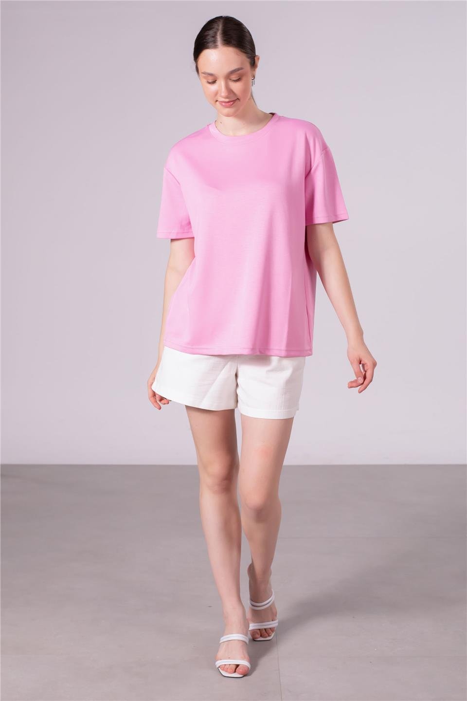 Bisiklet yaka model t-shirt-10546 Açık Pembe