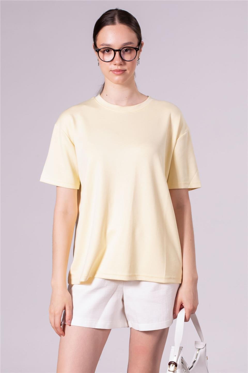 Bisiklet yaka model t-shirt-10546 Açık Sarı