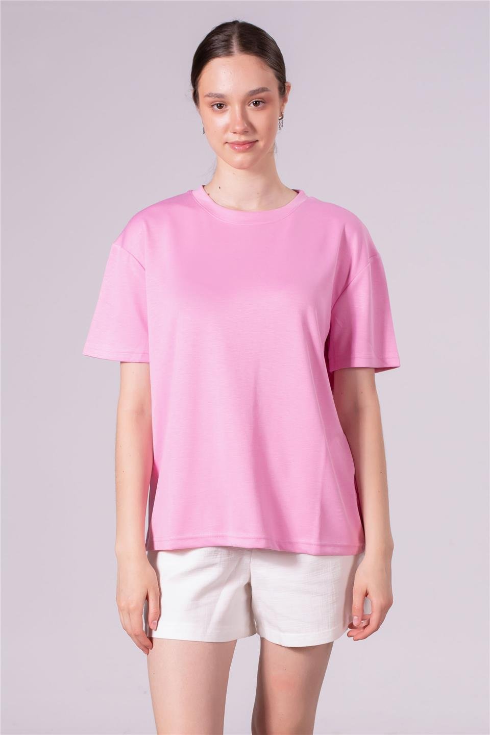 Bisiklet yaka model t-shirt-10546 Açık Pembe