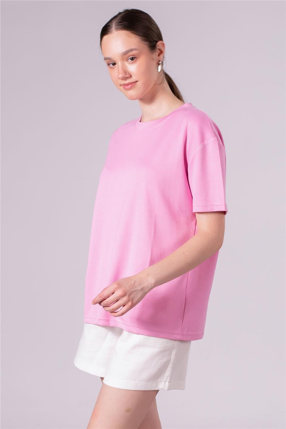 Bisiklet yaka model t-shirt-10546 Açık Pembe