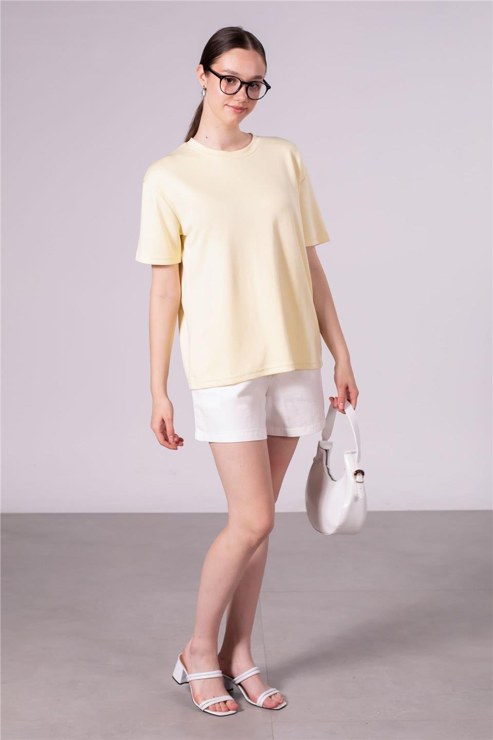 Bisiklet yaka model t-shirt-10546 Açık Sarı