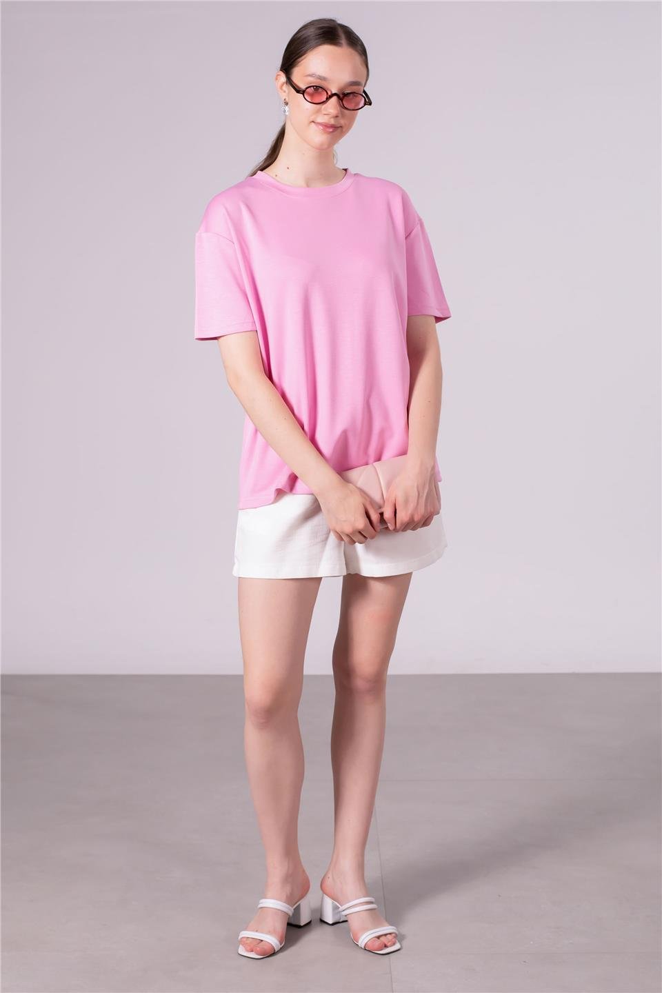 Bisiklet yaka model t-shirt-10546 Açık Pembe