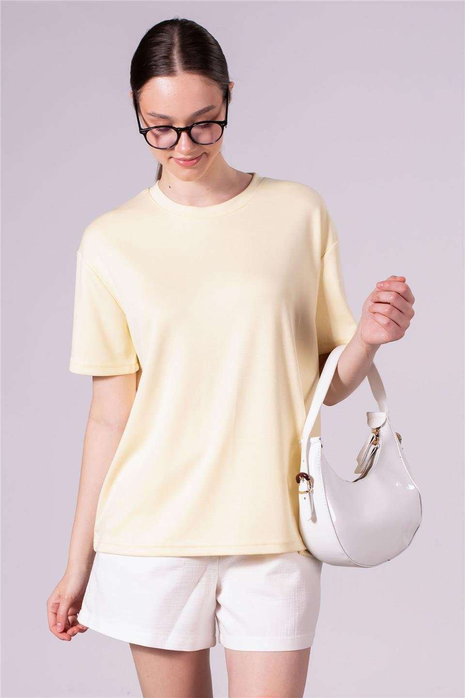 Bisiklet yaka model t-shirt-10546 Açık Sarı