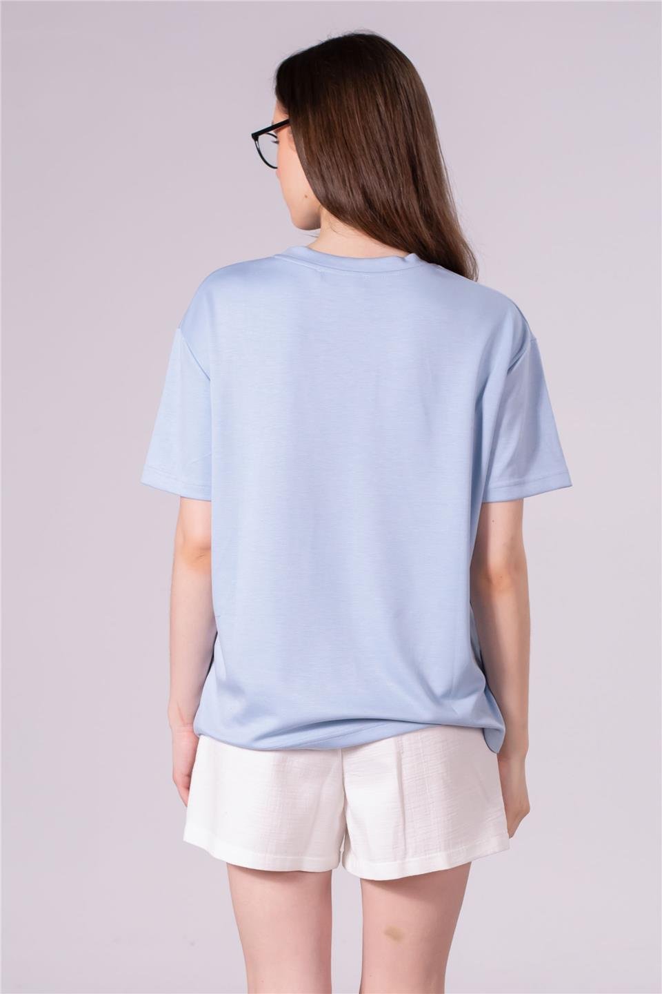 Bisiklet yaka model t-shirt-10546 Açık mavi