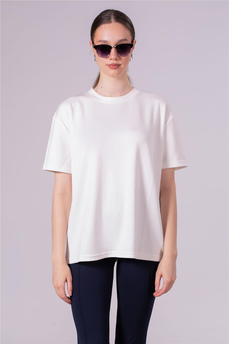 Bisiklet yaka model t-shirt-10546 Ekru