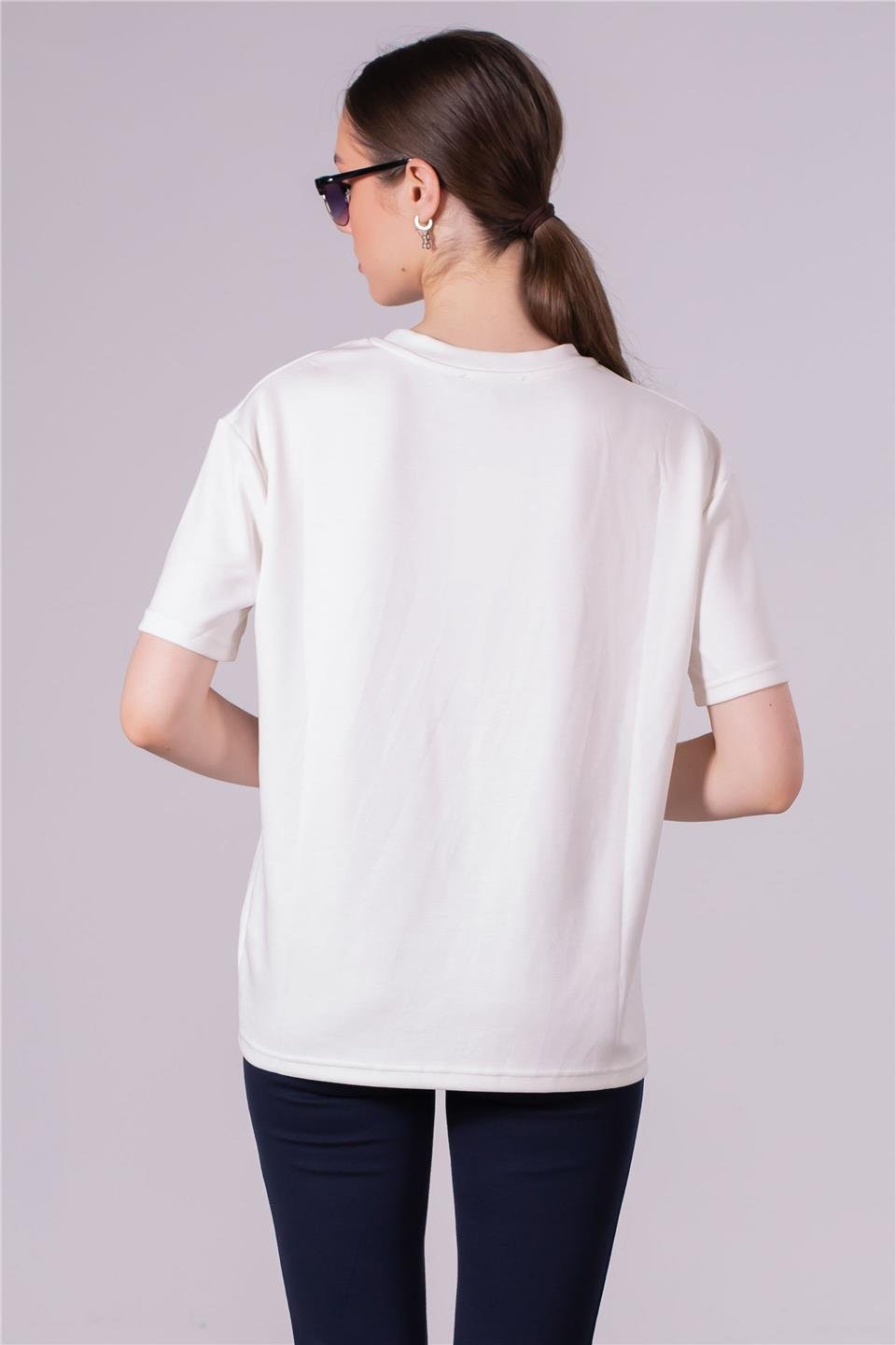 Bisiklet yaka model t-shirt-10546 Ekru