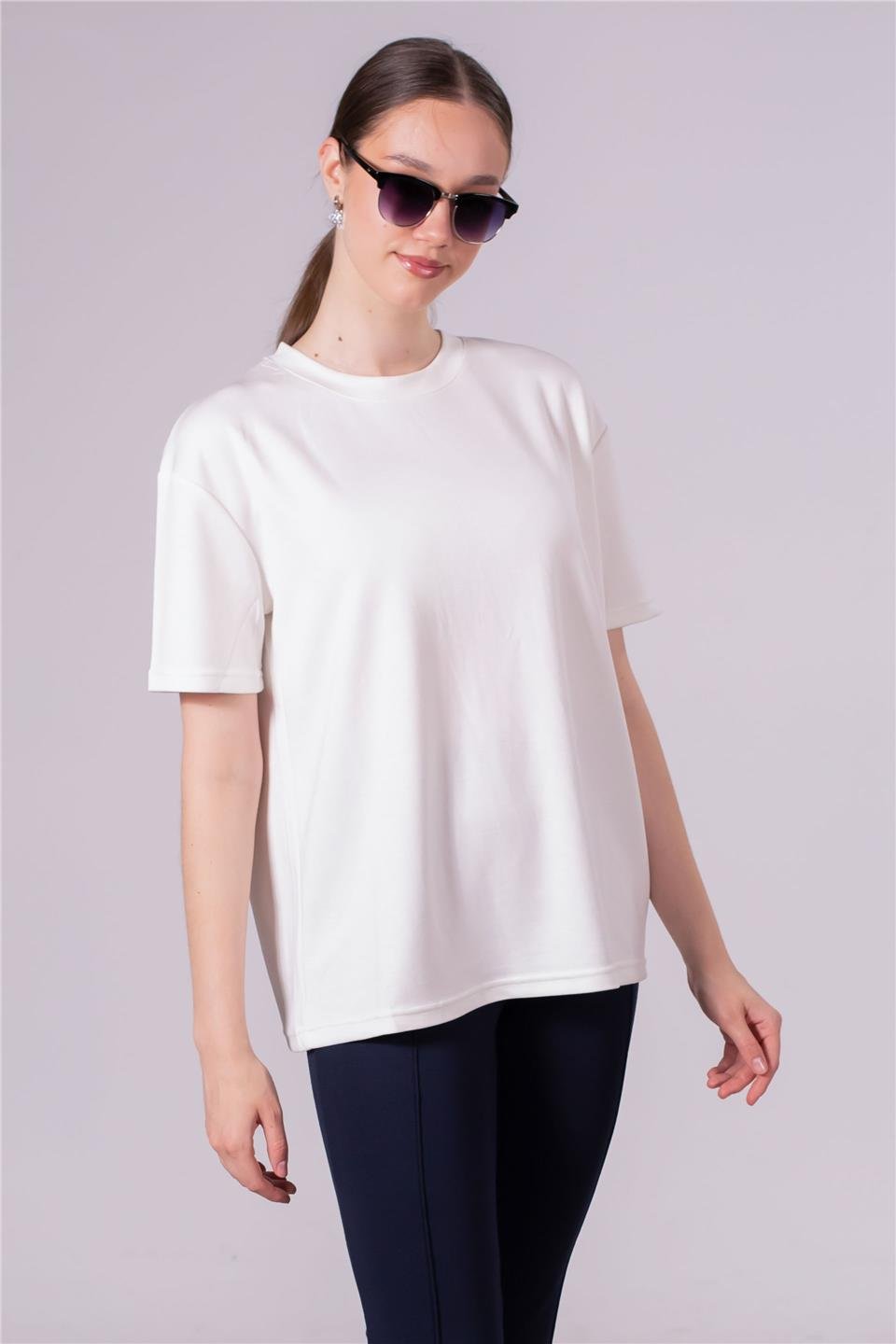 Bisiklet yaka model t-shirt-10546 Ekru