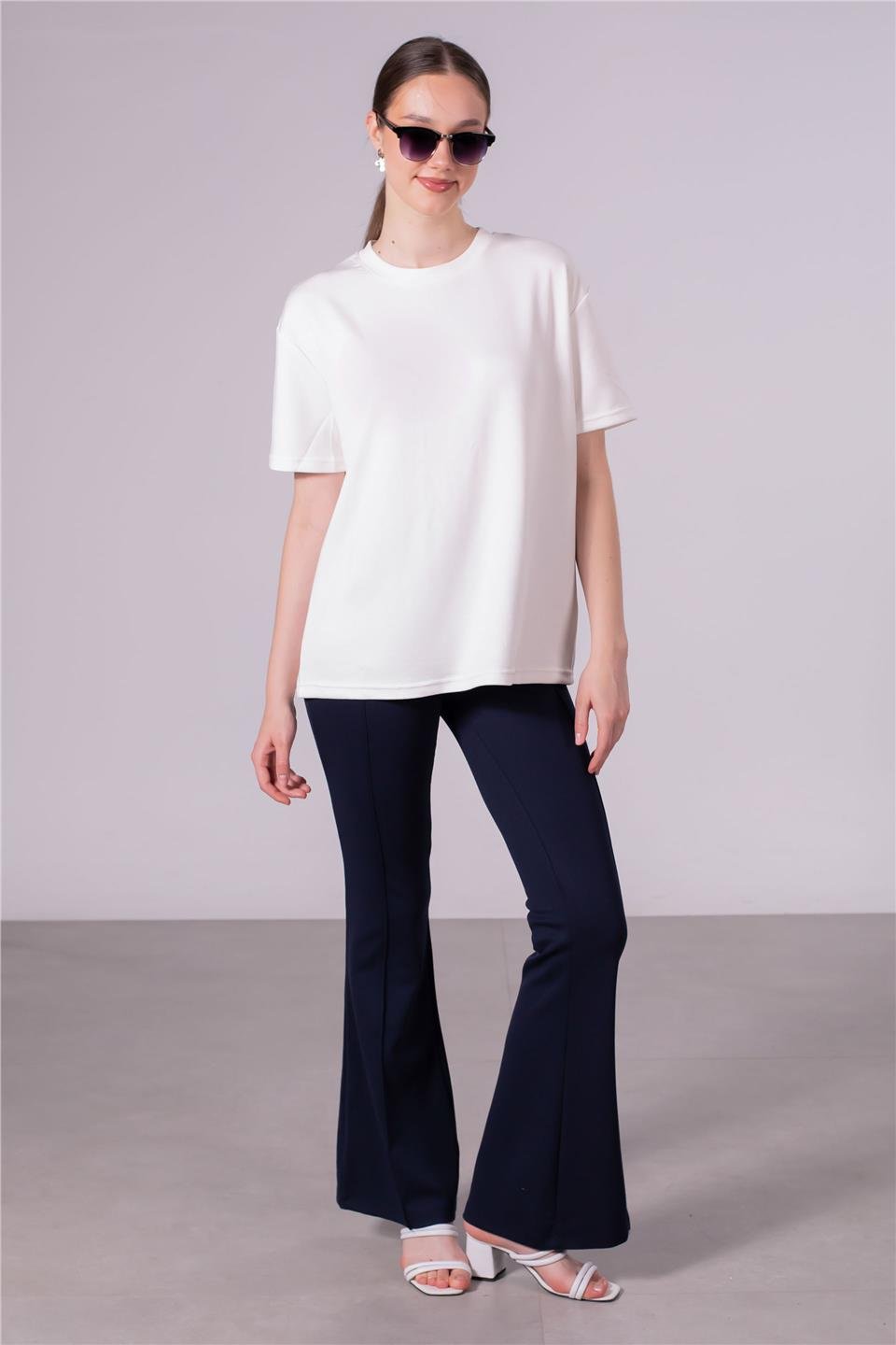 Bisiklet yaka model t-shirt-10546 Ekru