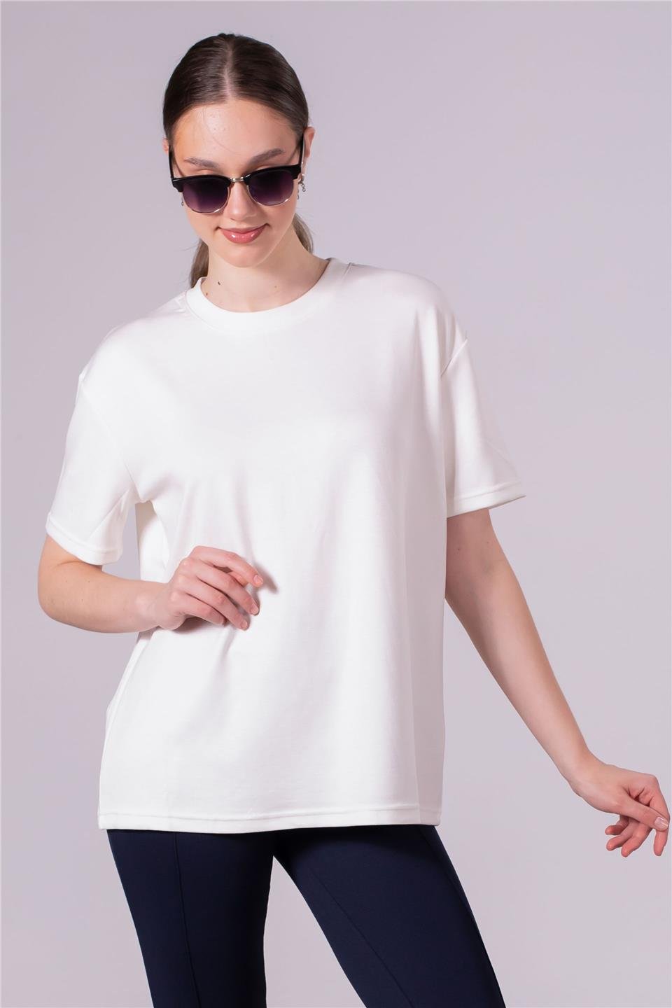 Bisiklet yaka model t-shirt-10546 Ekru