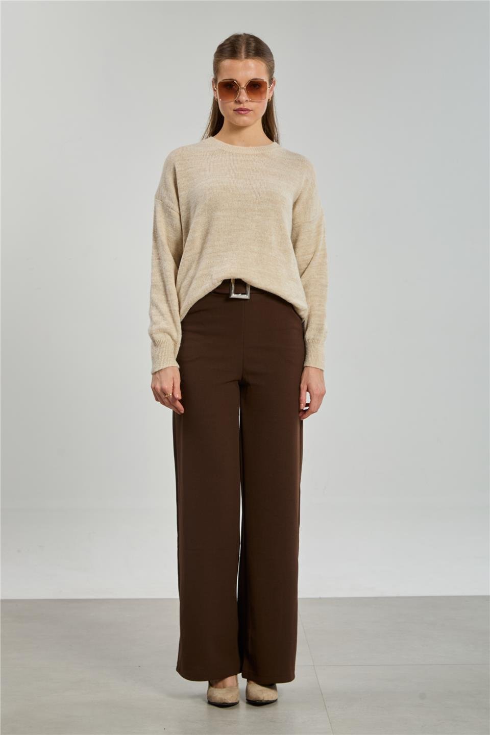 Bisiklet yaka oversize kazak-1763 Açık Taş