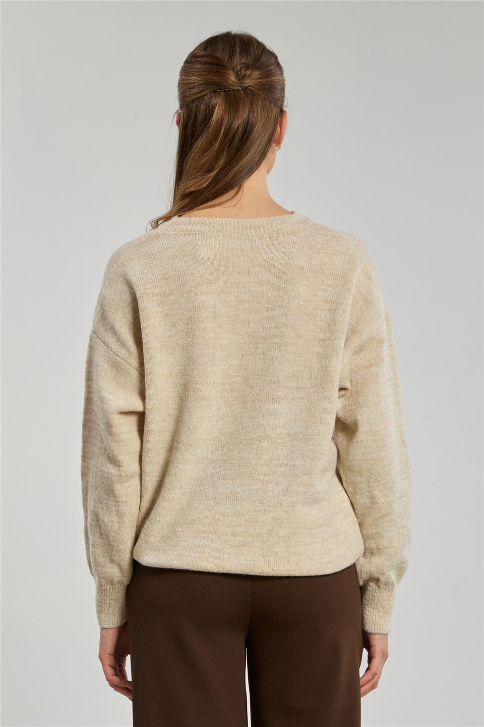 Bisiklet yaka oversize kazak-1763 Açık Taş