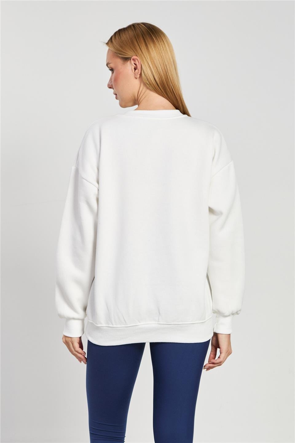 Bisiklet yaka ribanalı sweatshirt-DVN1256 Ekru