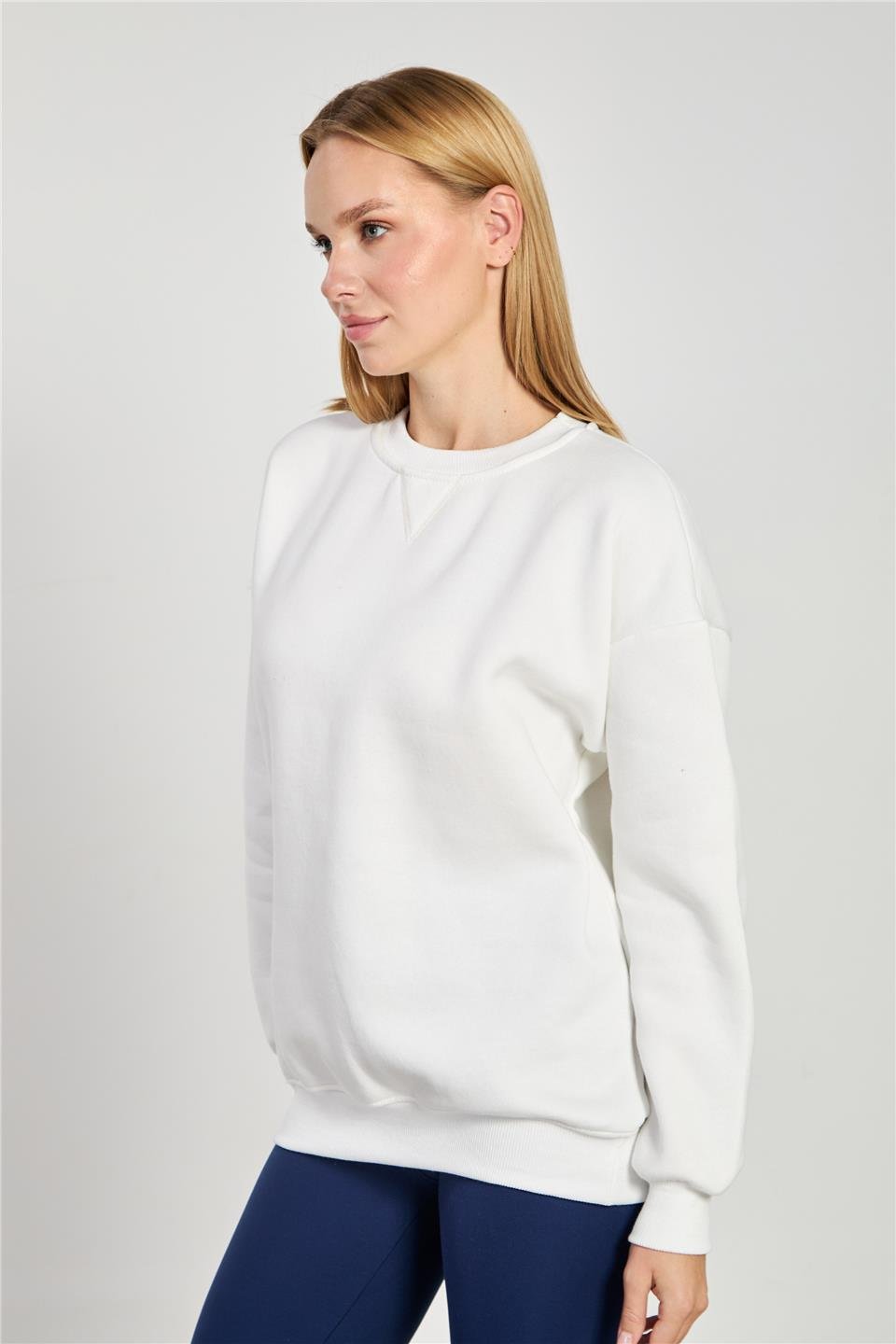 Bisiklet yaka ribanalı sweatshirt-DVN1256 Ekru