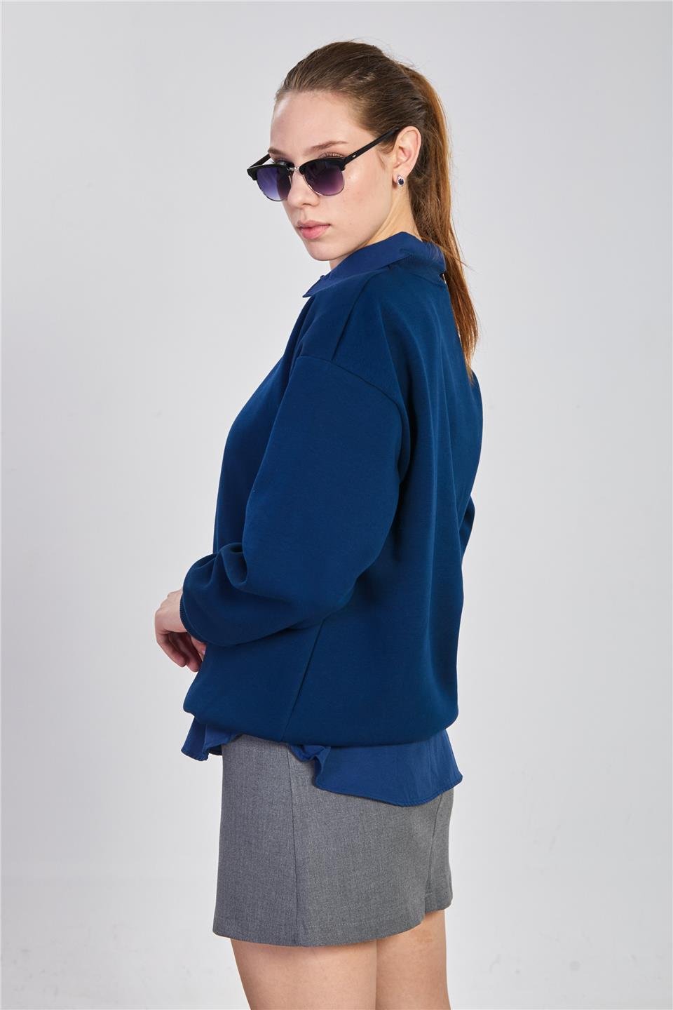 Bisiklet yaka ribanalı sweatshirt-DVN1256 Lacivert