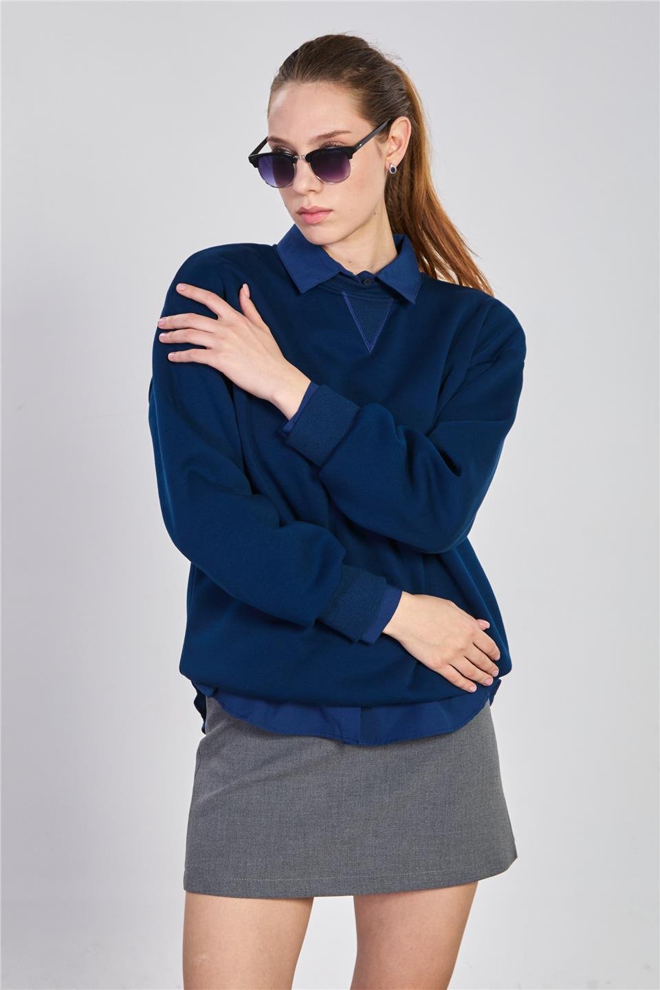 Bisiklet yaka ribanalı sweatshirt-DVN1256 Lacivert