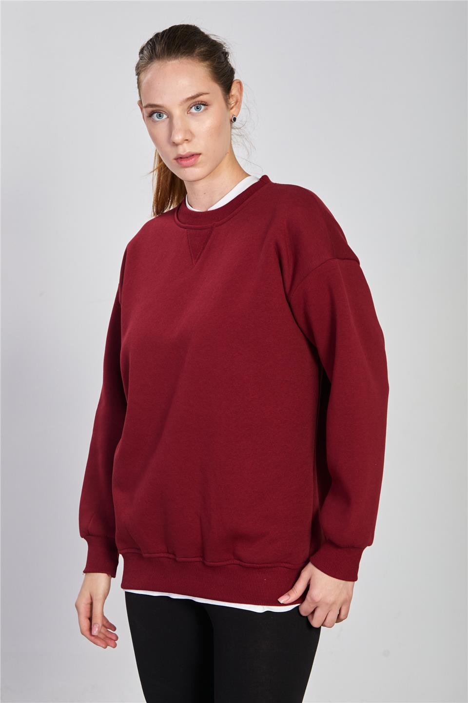 Bisiklet yaka ribanalı sweatshirt-DVN1256 Vişne
