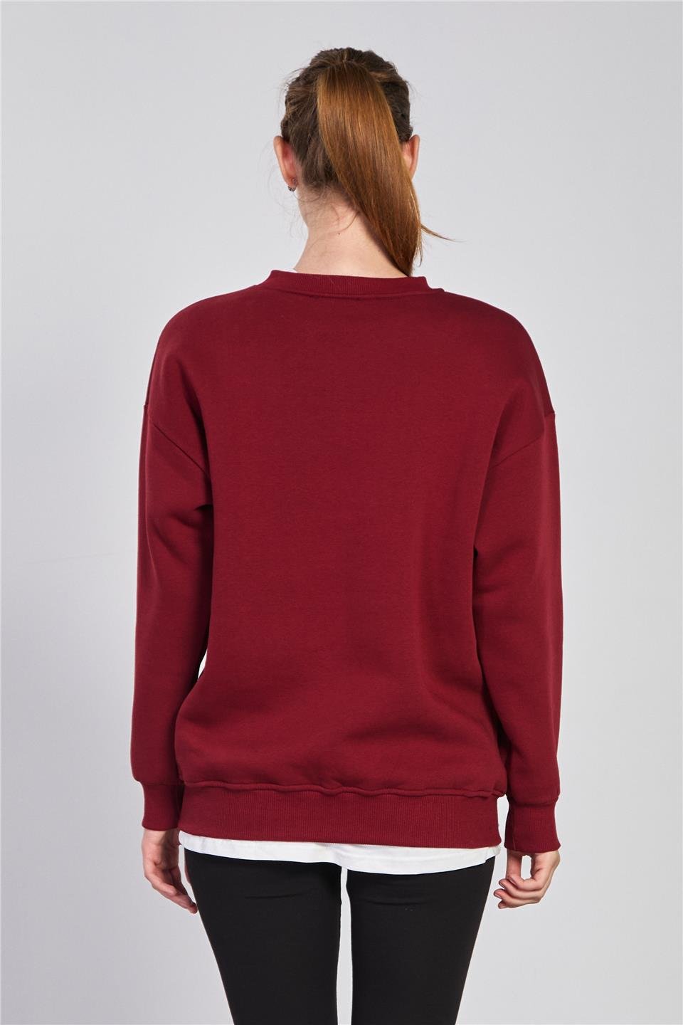 Bisiklet yaka ribanalı sweatshirt-DVN1256 Vişne