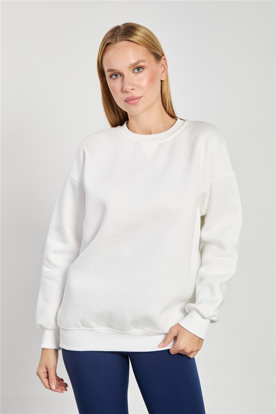 Bisiklet yaka ribanalı sweatshirt-DVN1256 Ekru