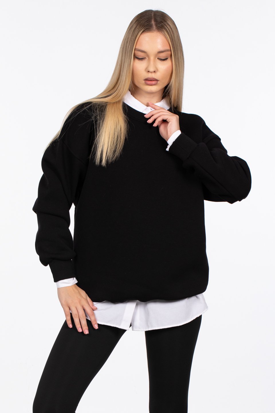 Bisiklet Yaka Ribanalı Sweatshirt - Siyah