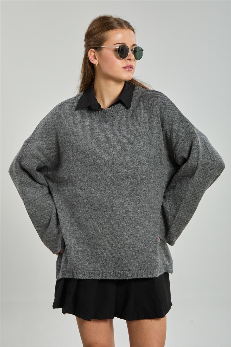 Bisiklet yaka triko kazak-4091 Orta Gri