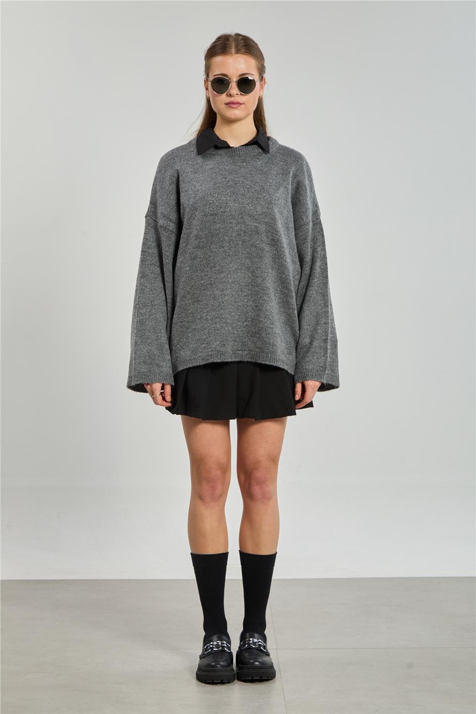 Bisiklet yaka triko kazak-4091 Orta Gri