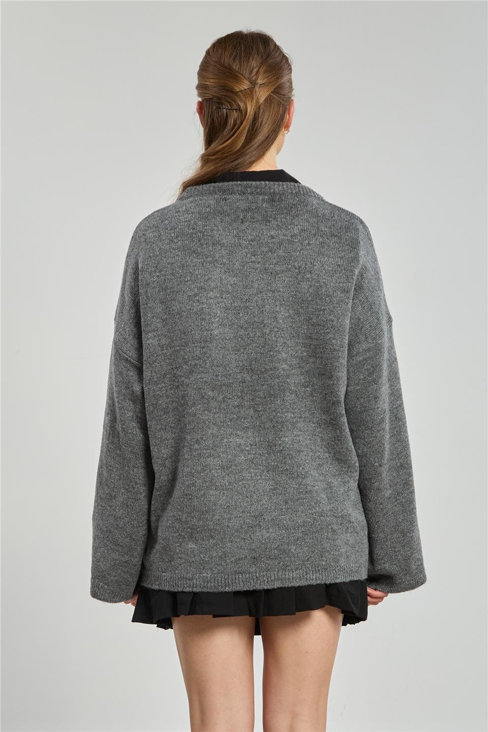 Bisiklet yaka triko kazak-4091 Orta Gri