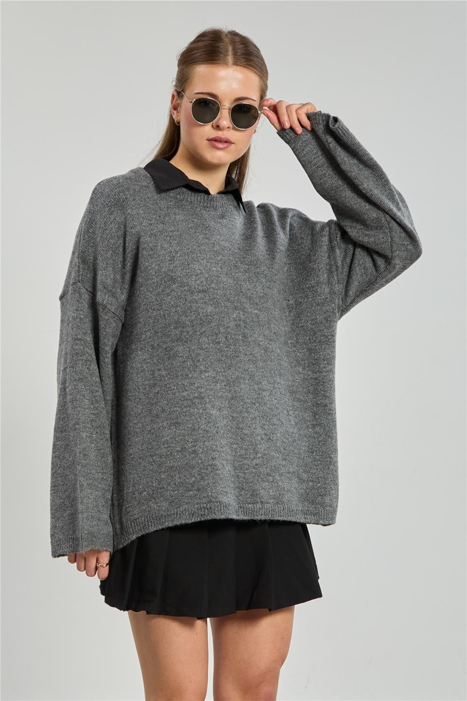 Bisiklet yaka triko kazak-4091 Orta Gri