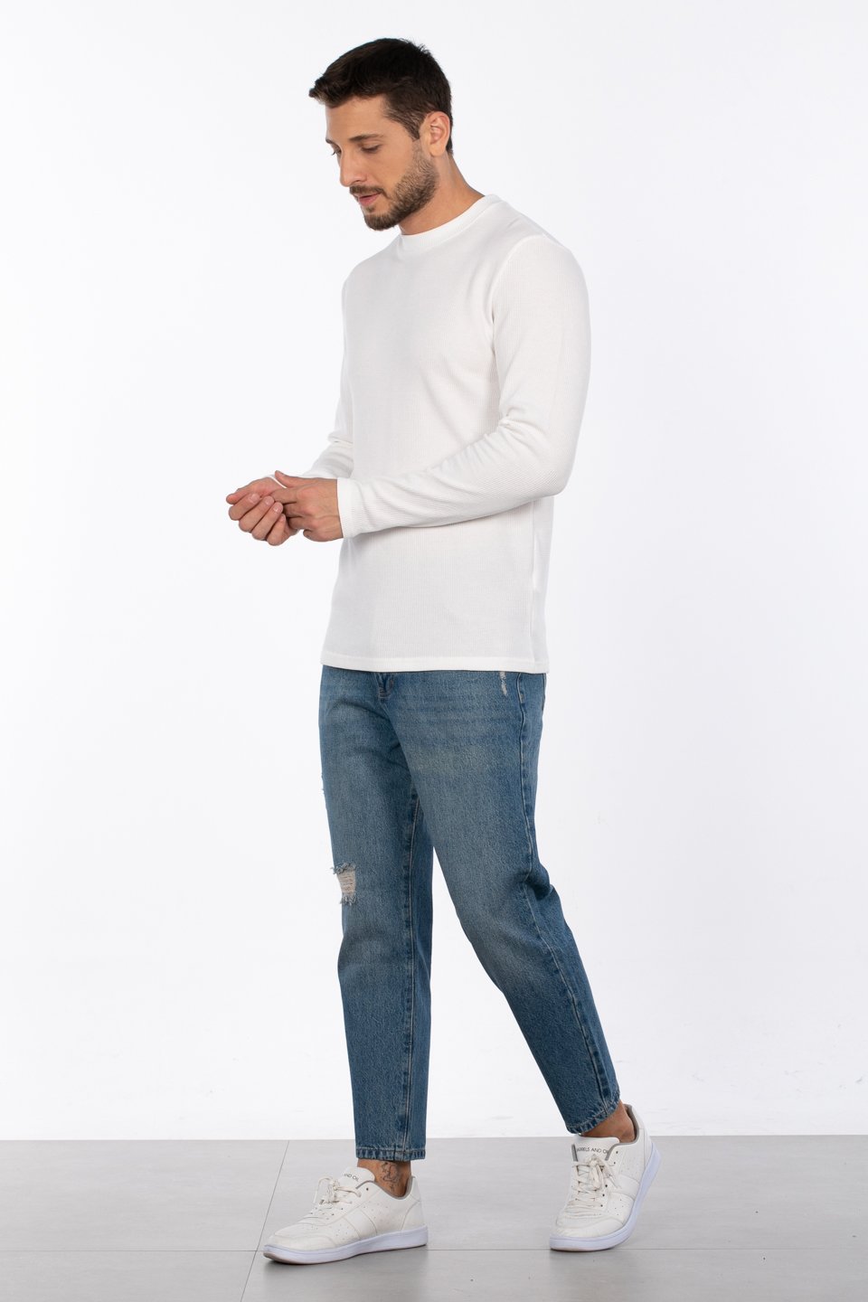 Bisiklet yaka waffal sweat-5073-2 Ekru