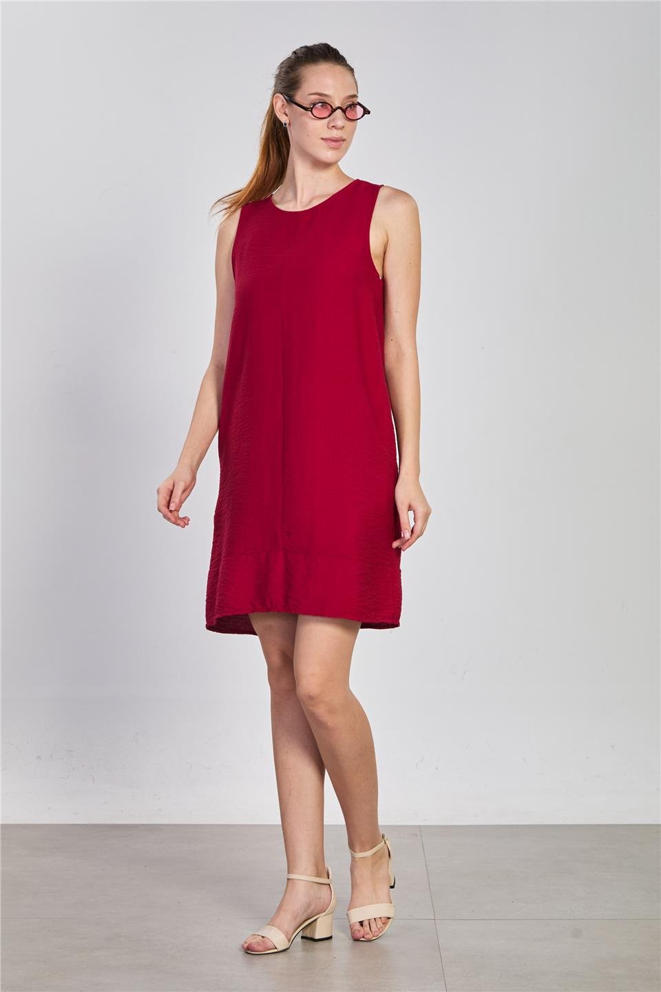 Cepli sıfır kol keten elbise-2385 NATURAL Bordo