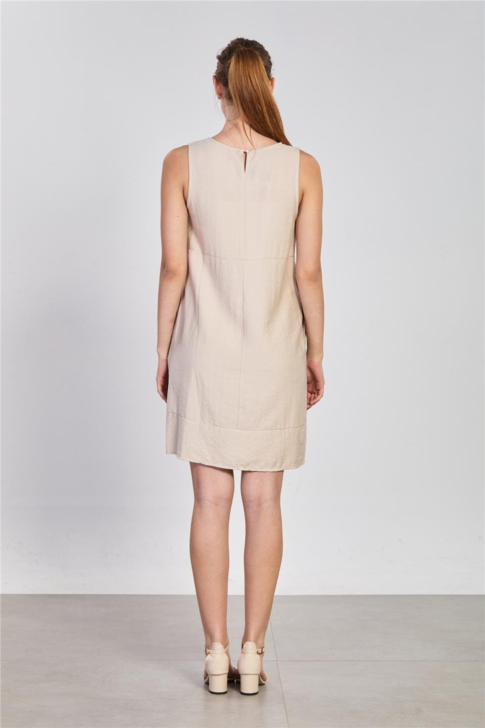 Cepli sıfır kol keten elbise-2385 NATURAL Taş