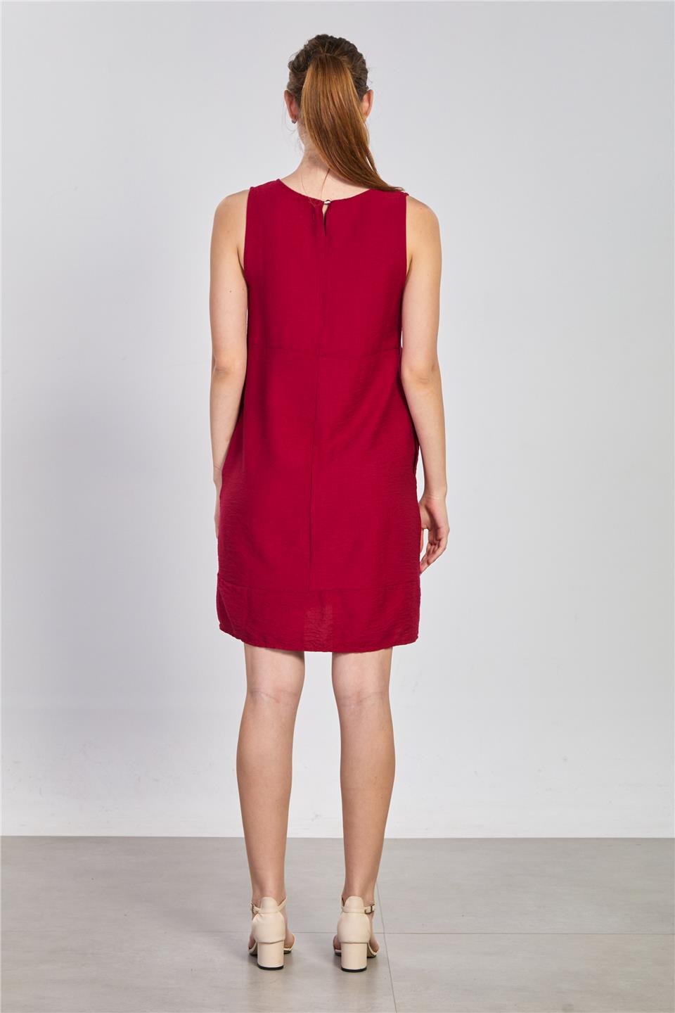 Cepli sıfır kol keten elbise-2385 NATURAL Bordo