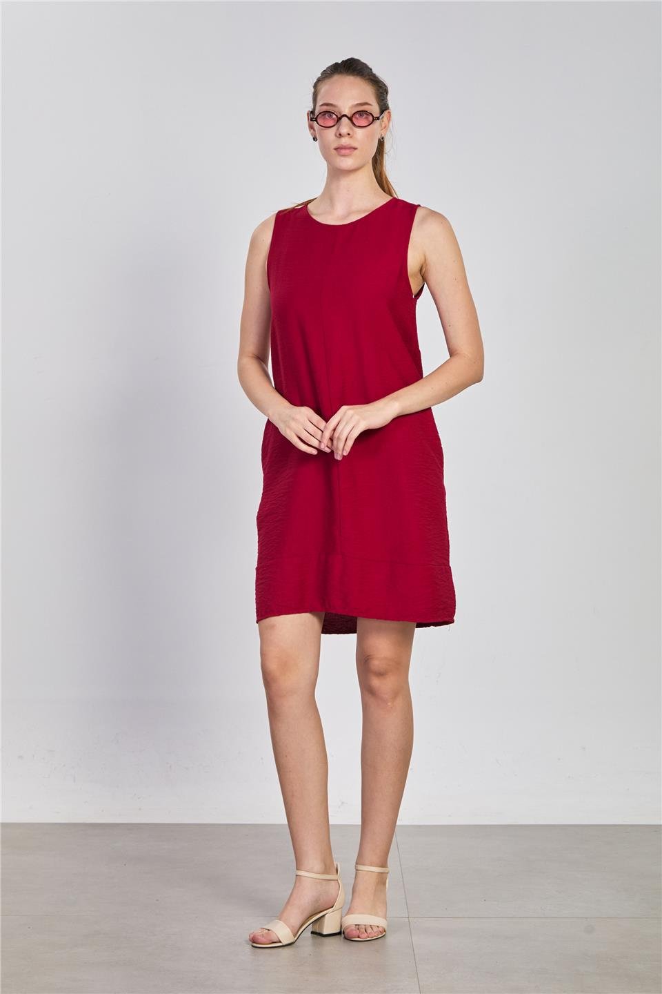 Cepli sıfır kol keten elbise-2385 NATURAL Bordo