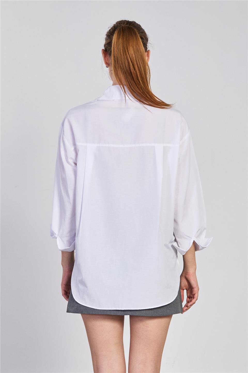 Çift cep uzun kol gömlek-8568-1 Beyaz