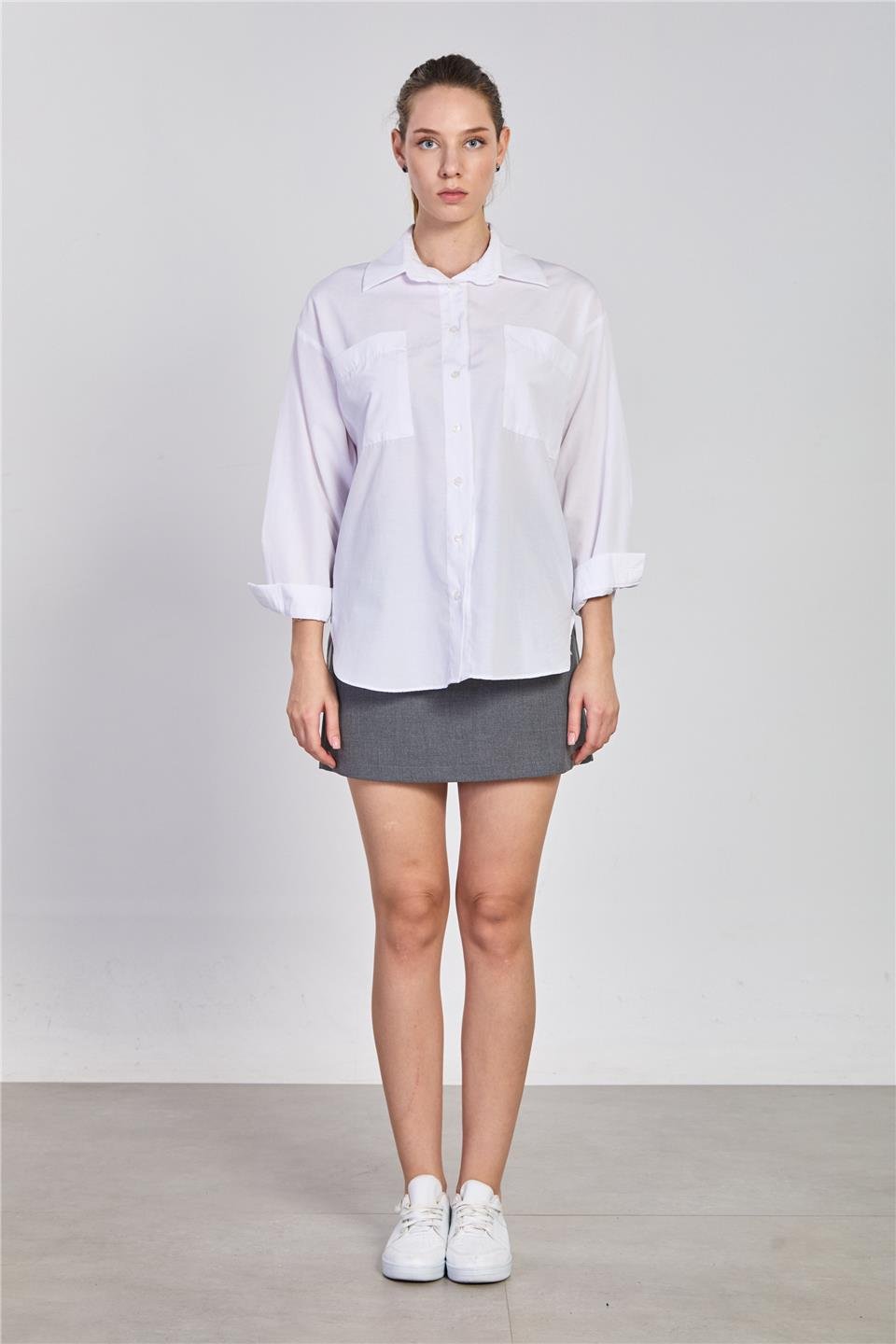 Çift cep uzun kol gömlek-8568-1 Beyaz