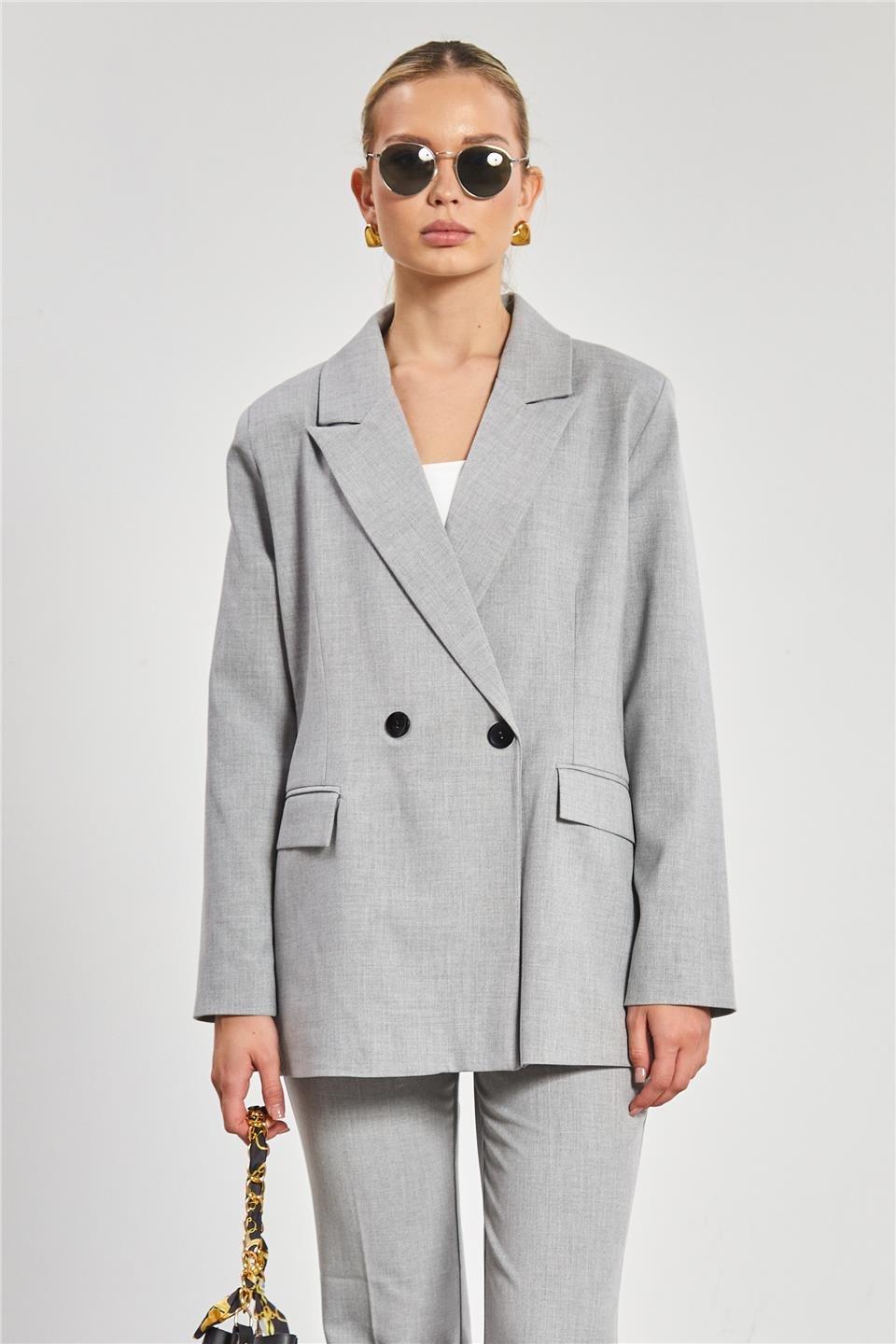 Çift düğmeli blazer ceket-3982 Açık Gri