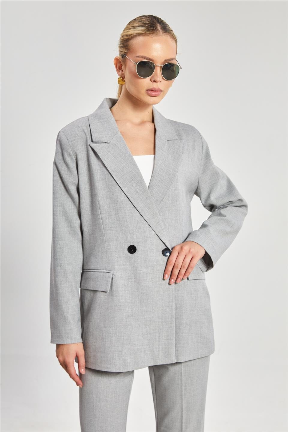 Çift düğmeli blazer ceket-3982 Açık Gri