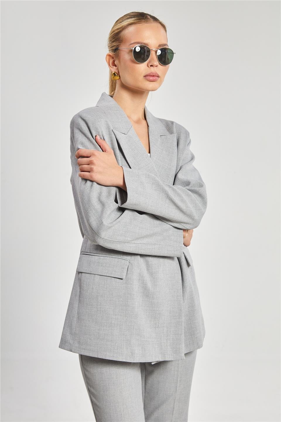 Çift düğmeli blazer ceket-3982 Açık Gri