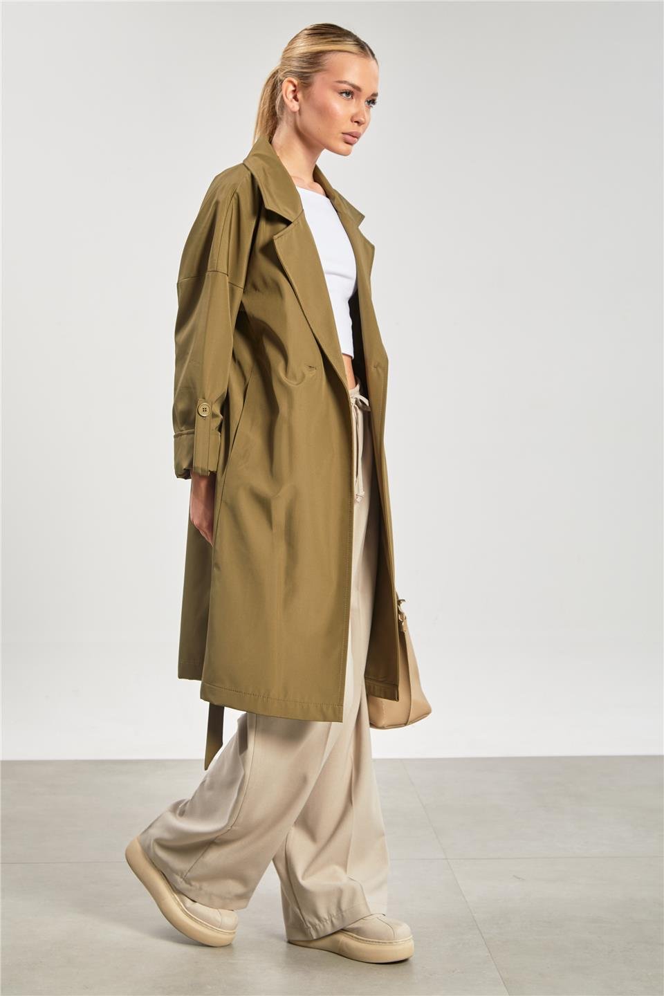 Çift düğmeli kruvaze yaka trençkot-9104 Haki