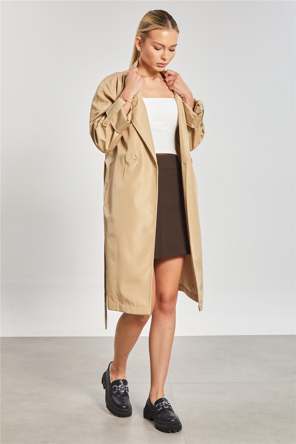 Çift düğmeli kruvaze yaka trençkot-9104 Taş