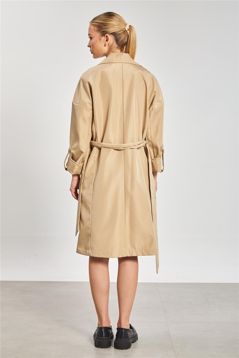 Çift düğmeli kruvaze yaka trençkot-9104 Taş