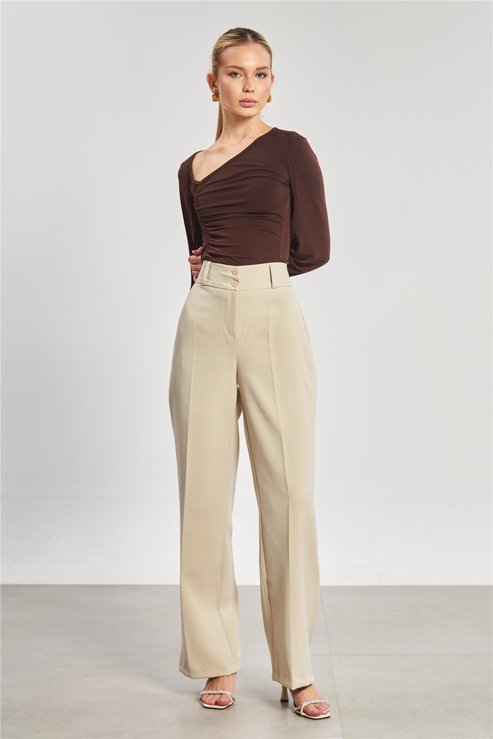 Çift düğmeli kumaş pantolon-3431 Taş