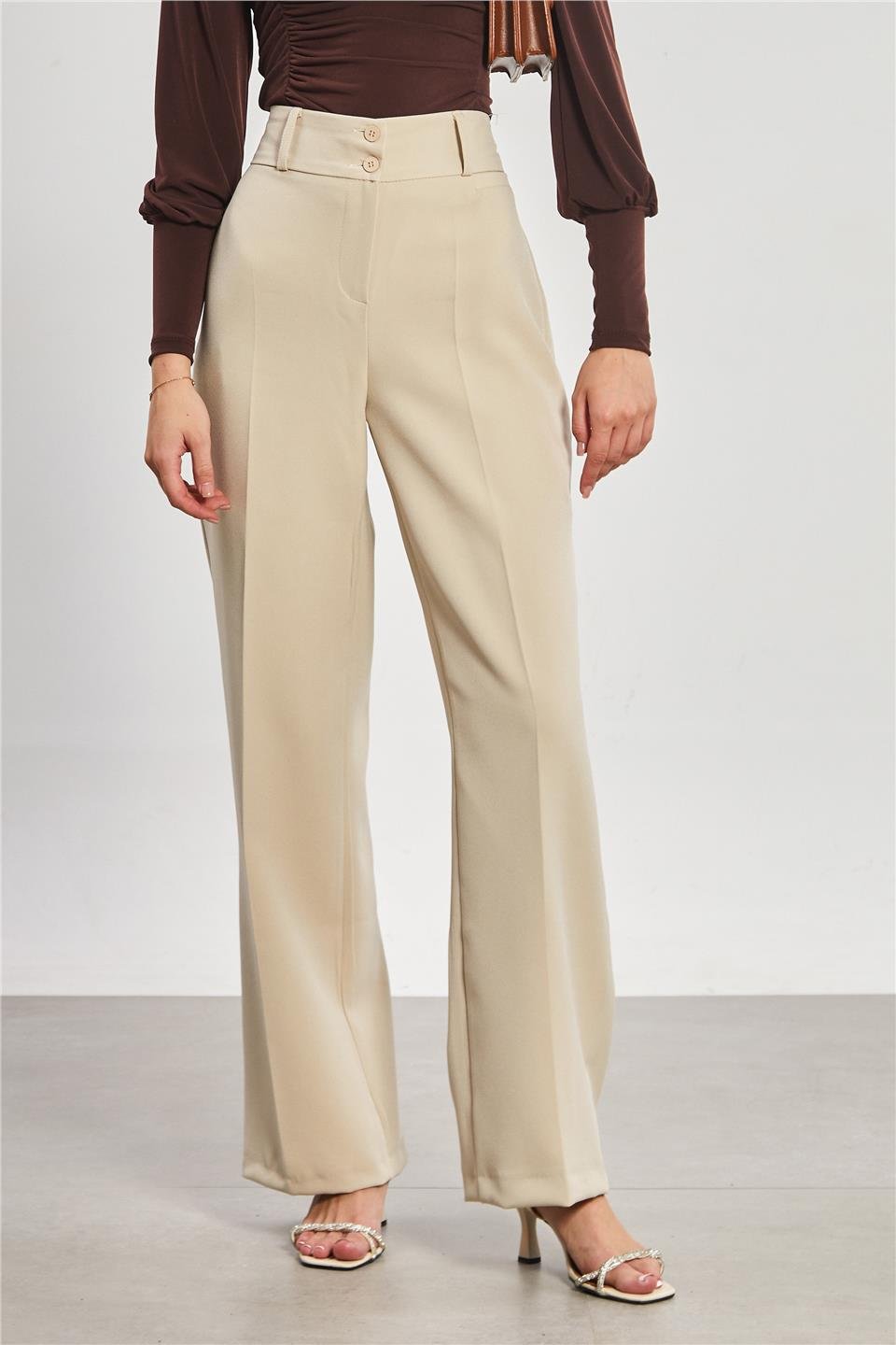 Çift düğmeli kumaş pantolon-3431 Taş